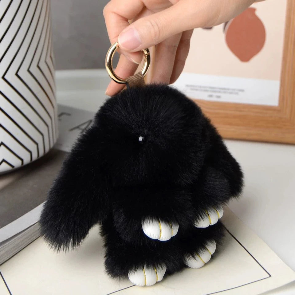 Fluffy Rabbit Fur Keychain - Soft Pom Pom Bag Charm & Car Accessory