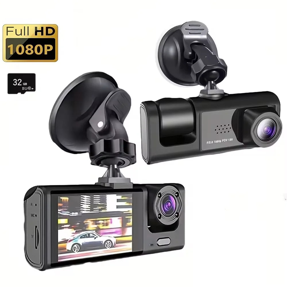 3-Lens Dash Cam | 1080P HD, IR Night Vision, Loop Recording & 2" IPS Screen