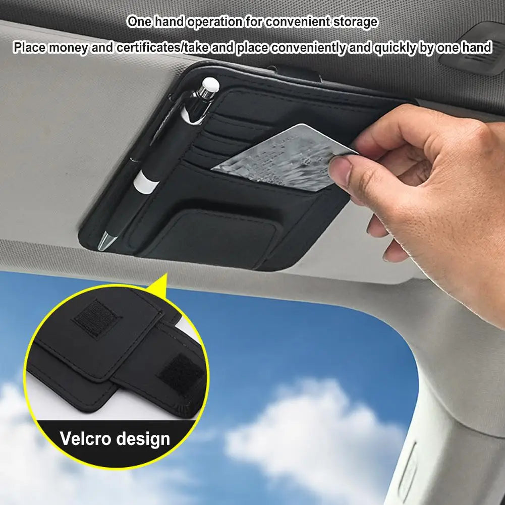 PU Leather Sun Visor Organizer - Multi-Pocket Card & Sunglasses Holder