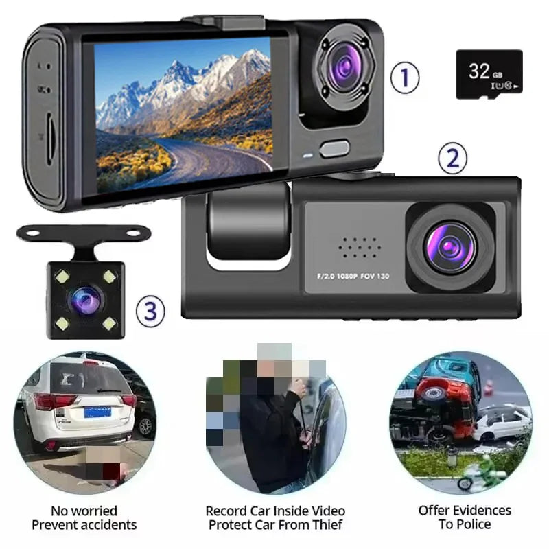 3-Lens Dash Cam | 1080P HD, IR Night Vision, Loop Recording & 2" IPS Screen