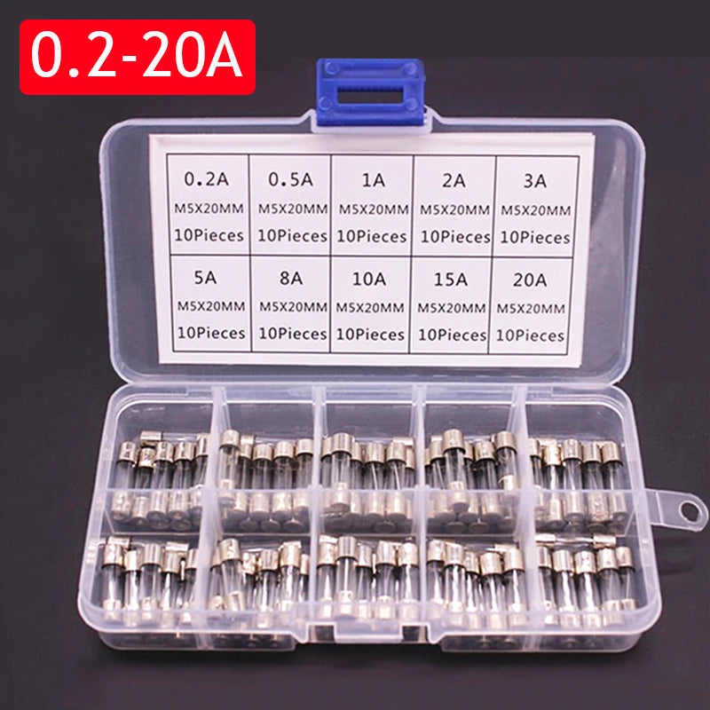Glass Tube Fuse Assortment Kit – 72 or 100 Pcs, 0.2A–30A for Cars & Appliances