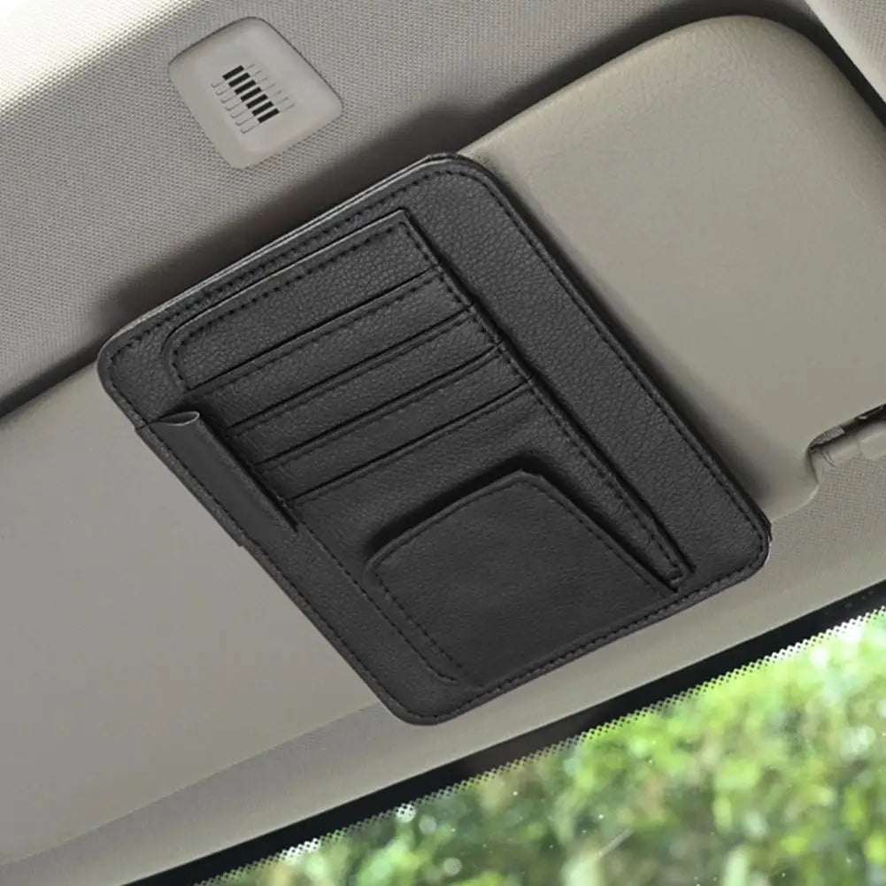 PU Leather Sun Visor Organizer - Multi-Pocket Card & Sunglasses Holder