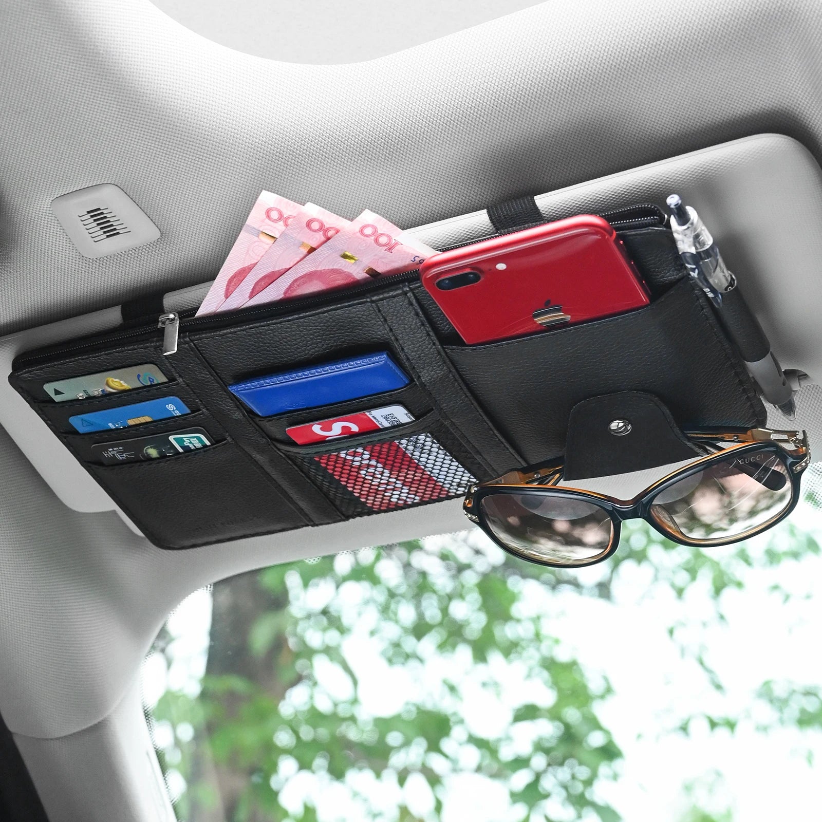 Sun Visor Organizer - Multi-Pocket Storage with Sunglasses Holder