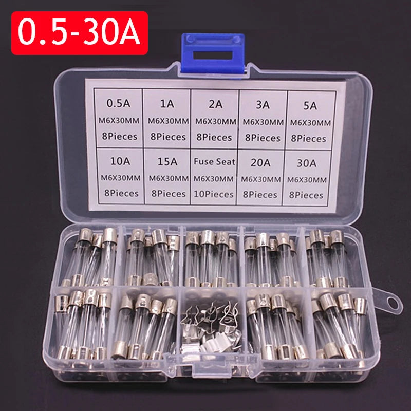 Glass Tube Fuse Assortment Kit – 72 or 100 Pcs, 0.2A–30A for Cars & Appliances