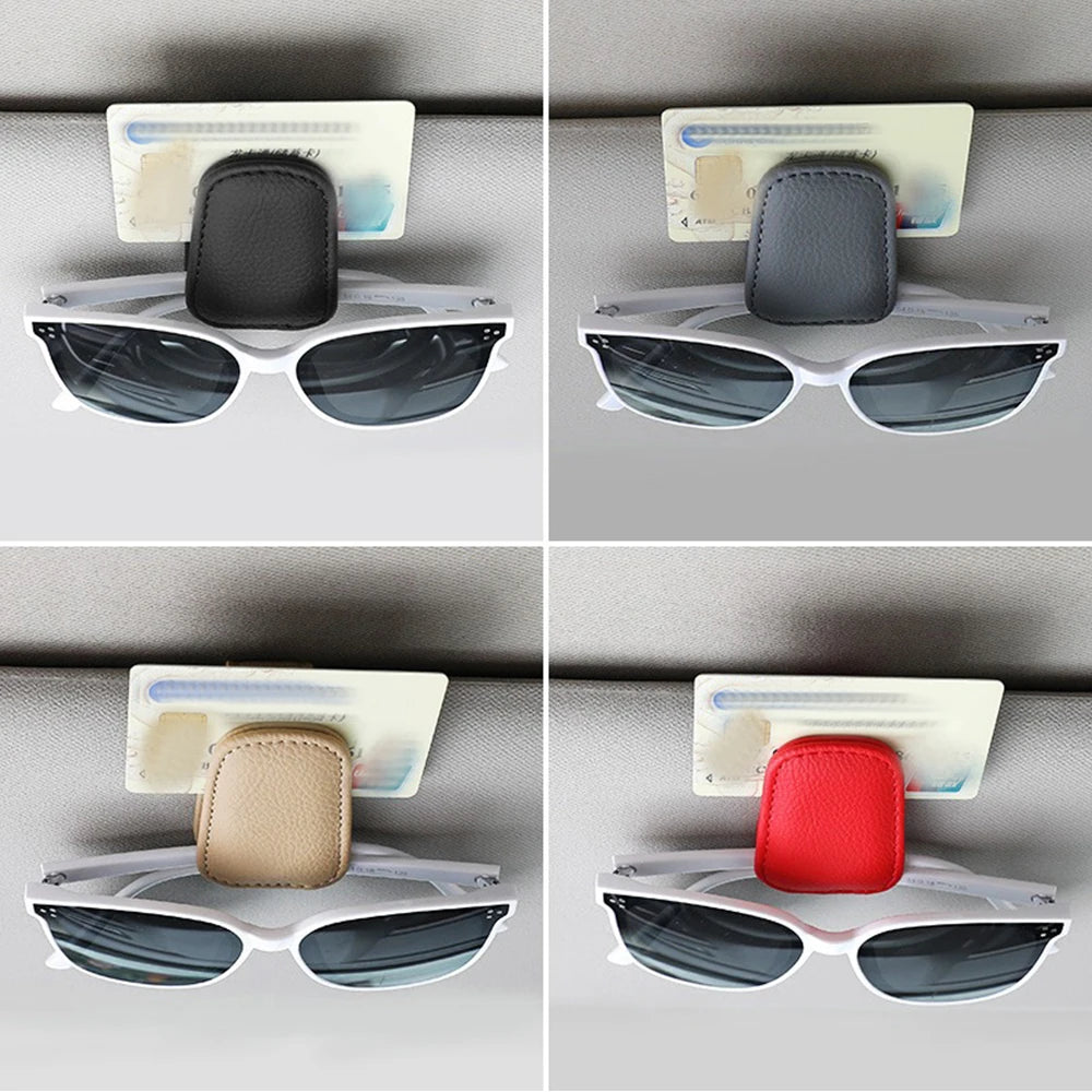 Leather Sun Visor Glasses Holder - Multi-Purpose Clip Organizer