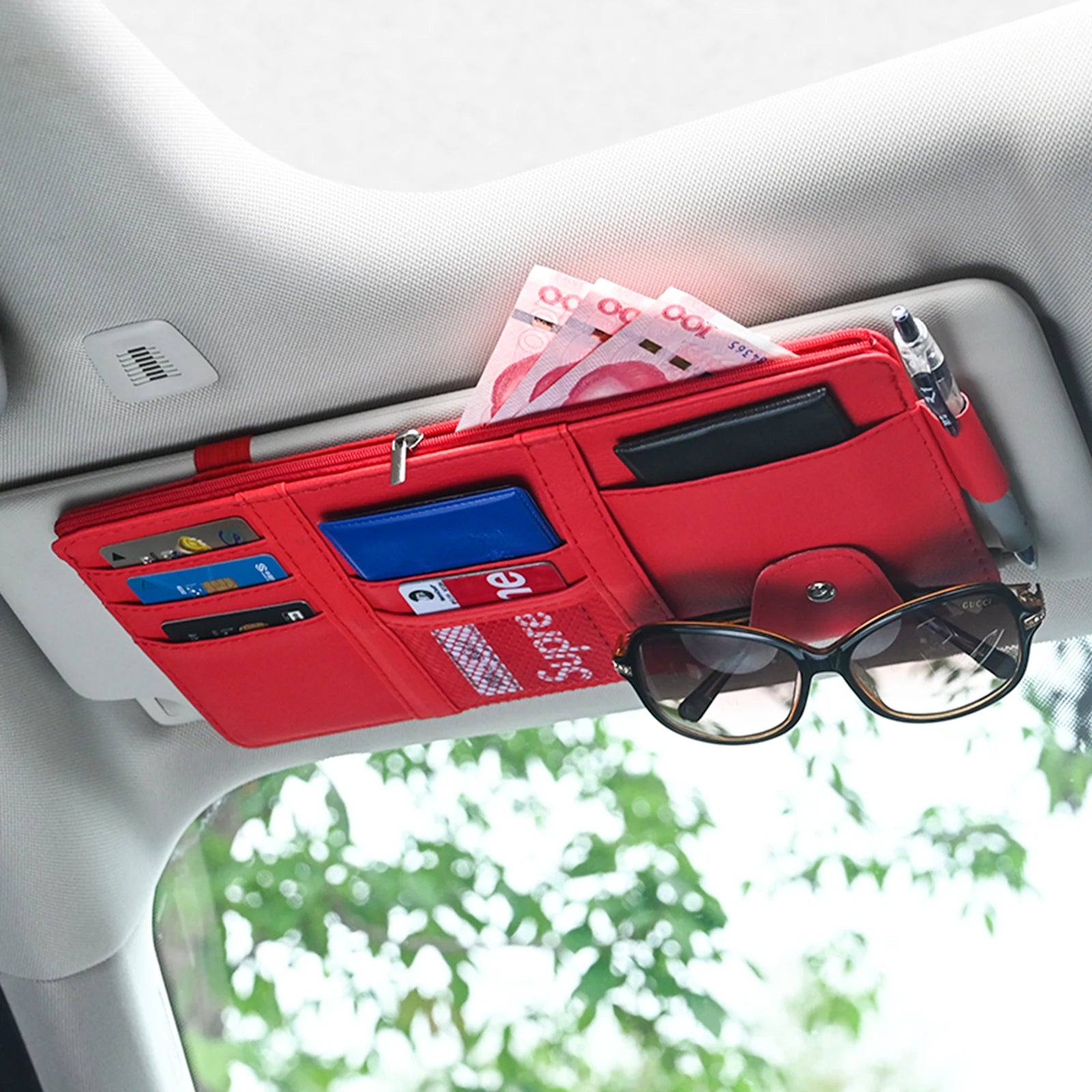 Sun Visor Organizer - Multi-Pocket Storage with Sunglasses Holder