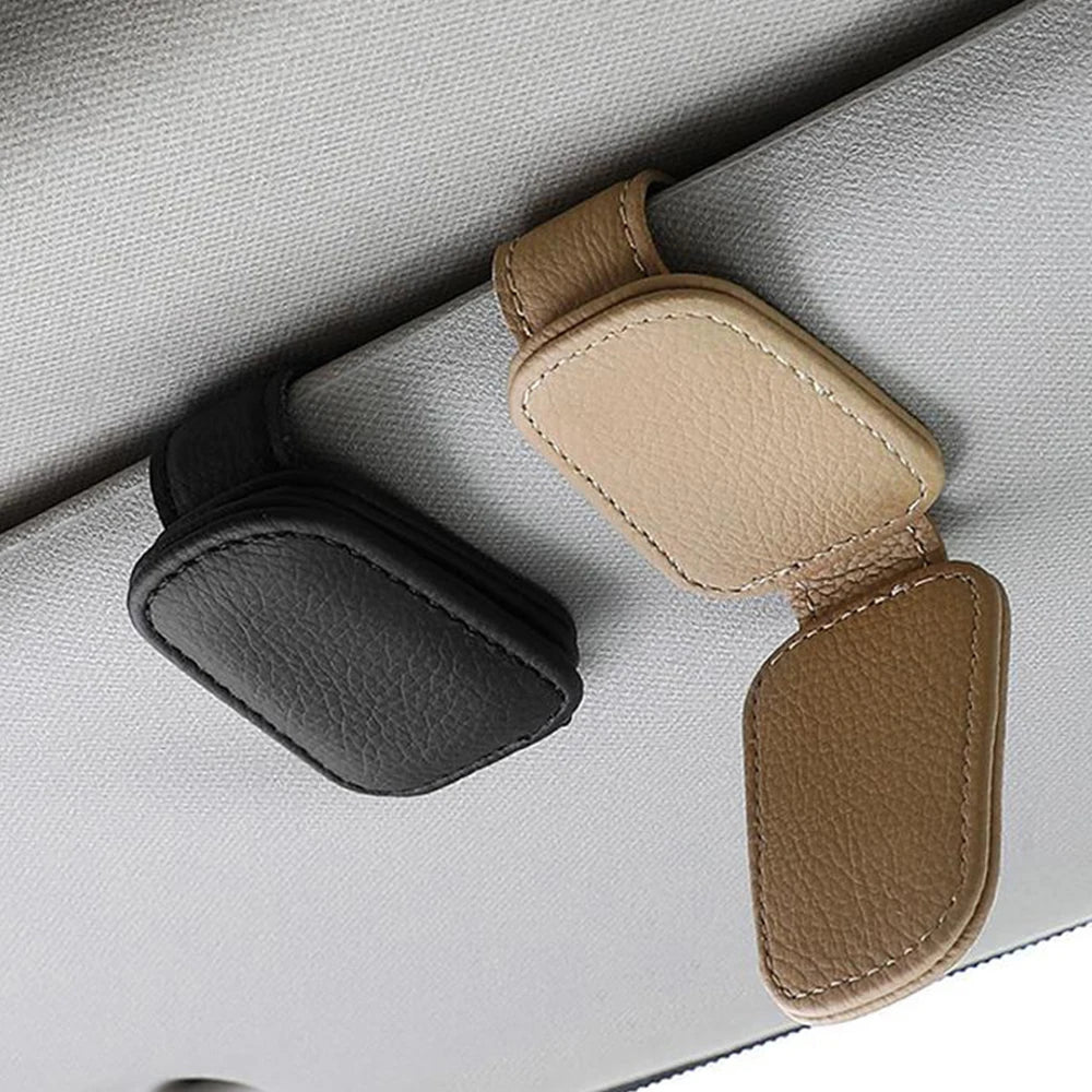 Leather Sun Visor Glasses Holder - Multi-Purpose Clip Organizer
