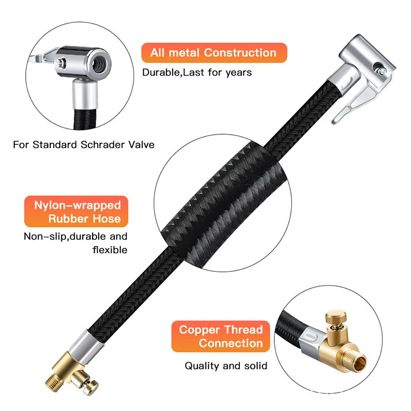 Tire Air Inflator Extension Hose - 10cm to 60cm Flexible Adapter for Cars & Motorcycles