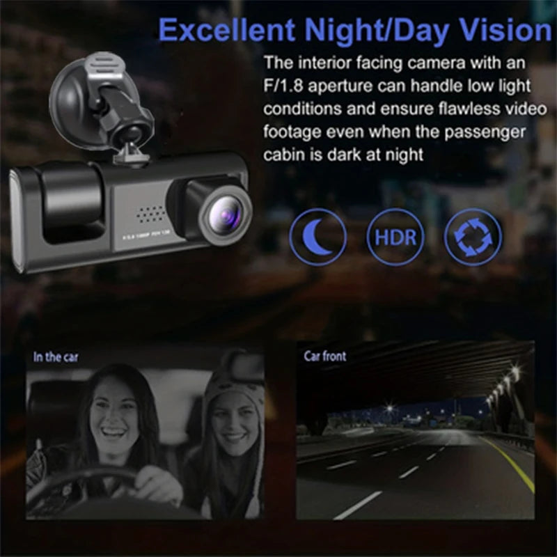 3-Lens Dash Cam | 1080P HD, IR Night Vision, Loop Recording & 2" IPS Screen