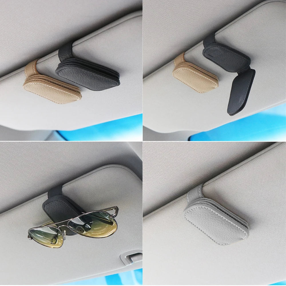 Leather Sun Visor Glasses Holder - Multi-Purpose Clip Organizer