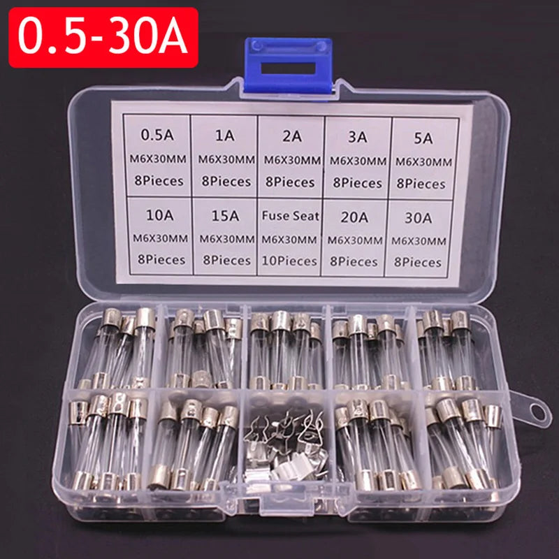 Glass Tube Fuse Assortment Kit – 72 or 100 Pcs, 0.2A–30A for Cars & Appliances