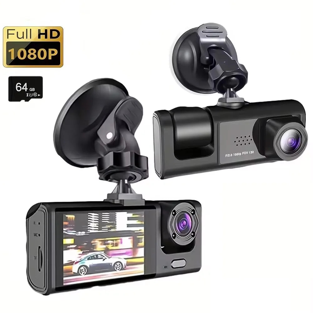 3-Lens Dash Cam | 1080P HD, IR Night Vision, Loop Recording & 2" IPS Screen