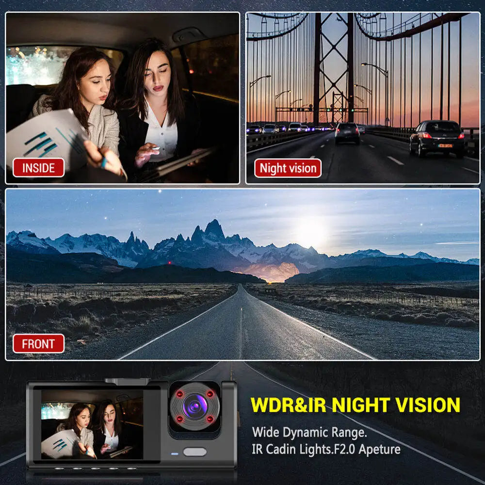 3-Lens Dash Cam | 1080P HD, IR Night Vision, Loop Recording & 2" IPS Screen