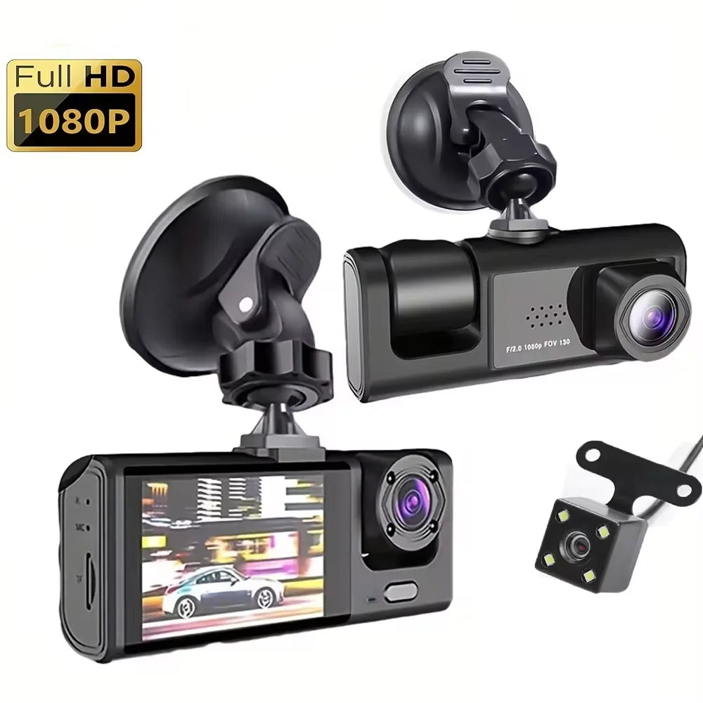 3-Lens Dash Cam | 1080P HD, IR Night Vision, Loop Recording & 2" IPS Screen
