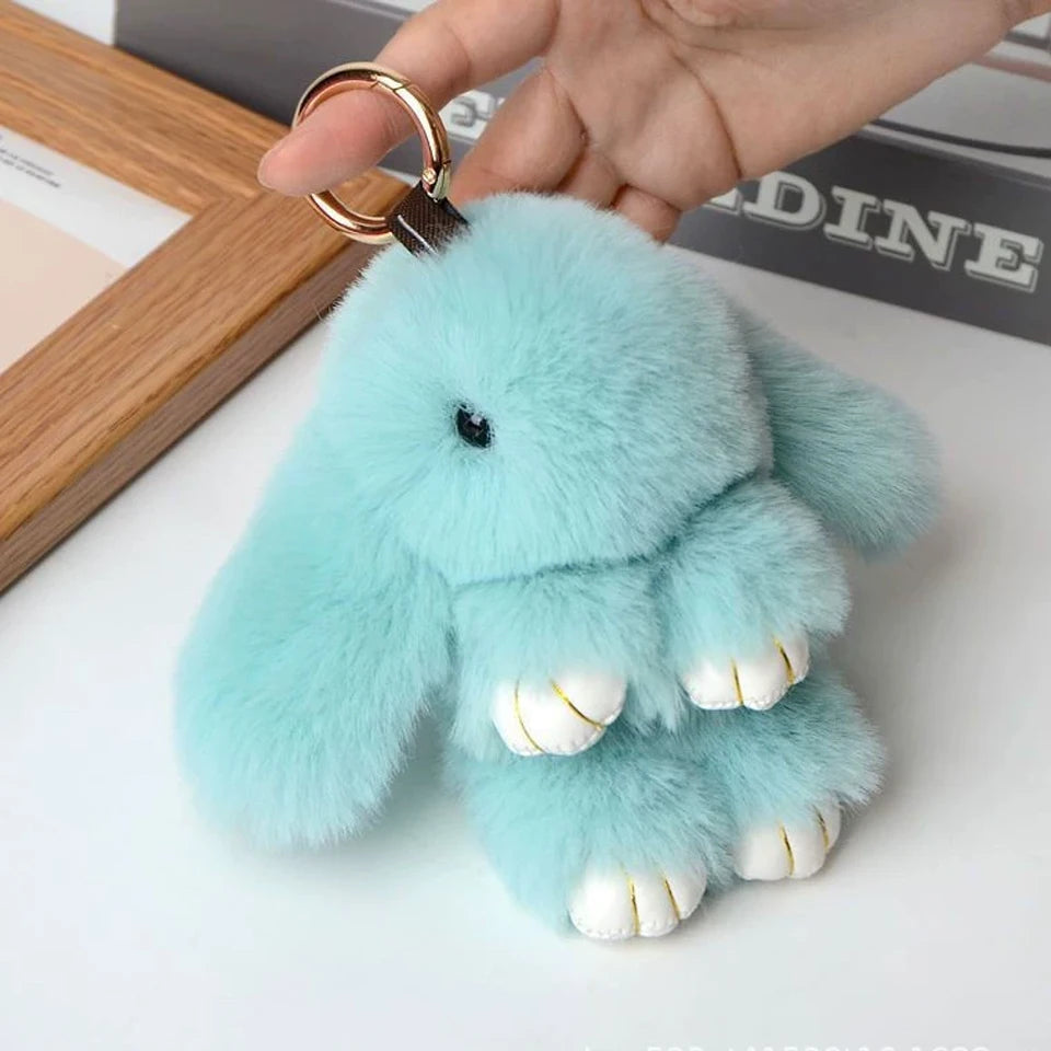 Fluffy Rabbit Fur Keychain - Soft Pom Pom Bag Charm & Car Accessory