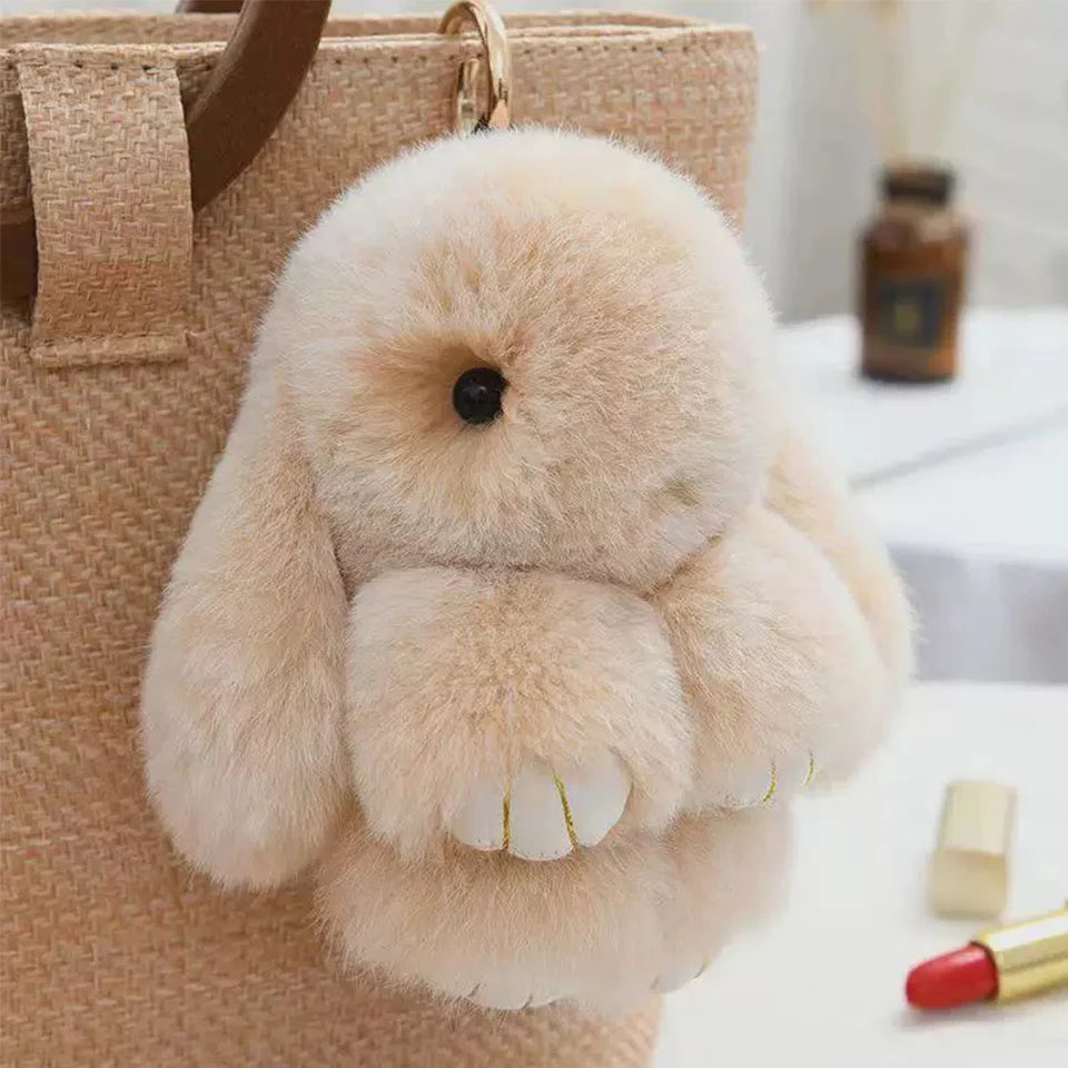 Fluffy Rabbit Fur Keychain - Soft Pom Pom Bag Charm & Car Accessory