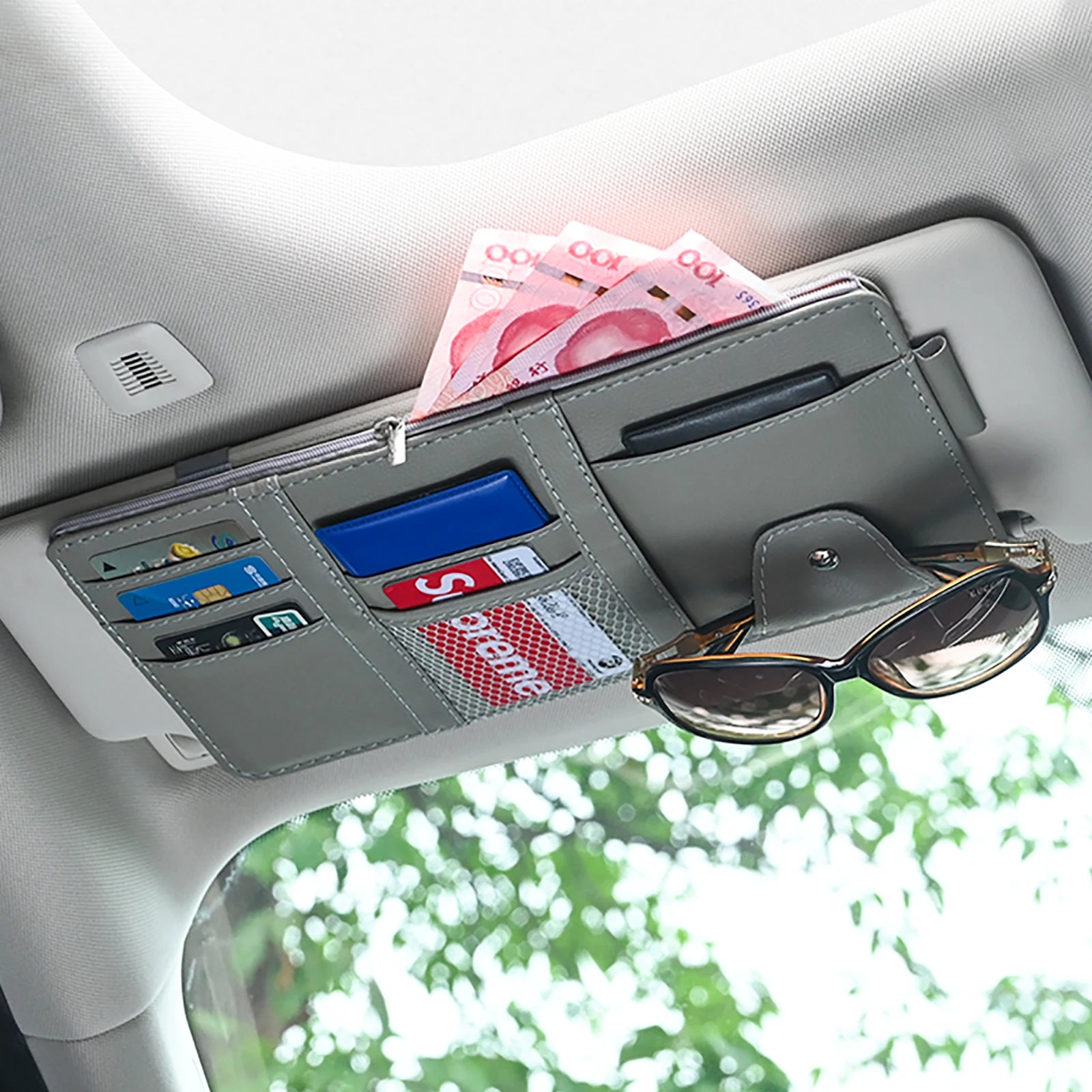 Sun Visor Organizer - Multi-Pocket Storage with Sunglasses Holder