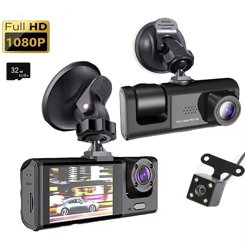 3-Lens Dash Cam | 1080P HD, IR Night Vision, Loop Recording & 2" IPS Screen