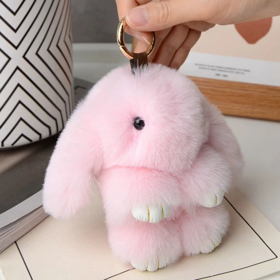 Fluffy Rabbit Fur Keychain - Soft Pom Pom Bag Charm & Car Accessory
