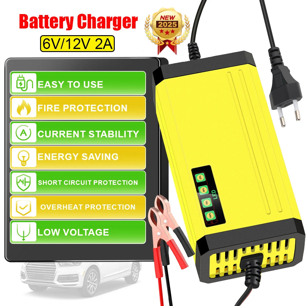Smart Battery Charger 6V/12V 2A - Automatic Digital Display