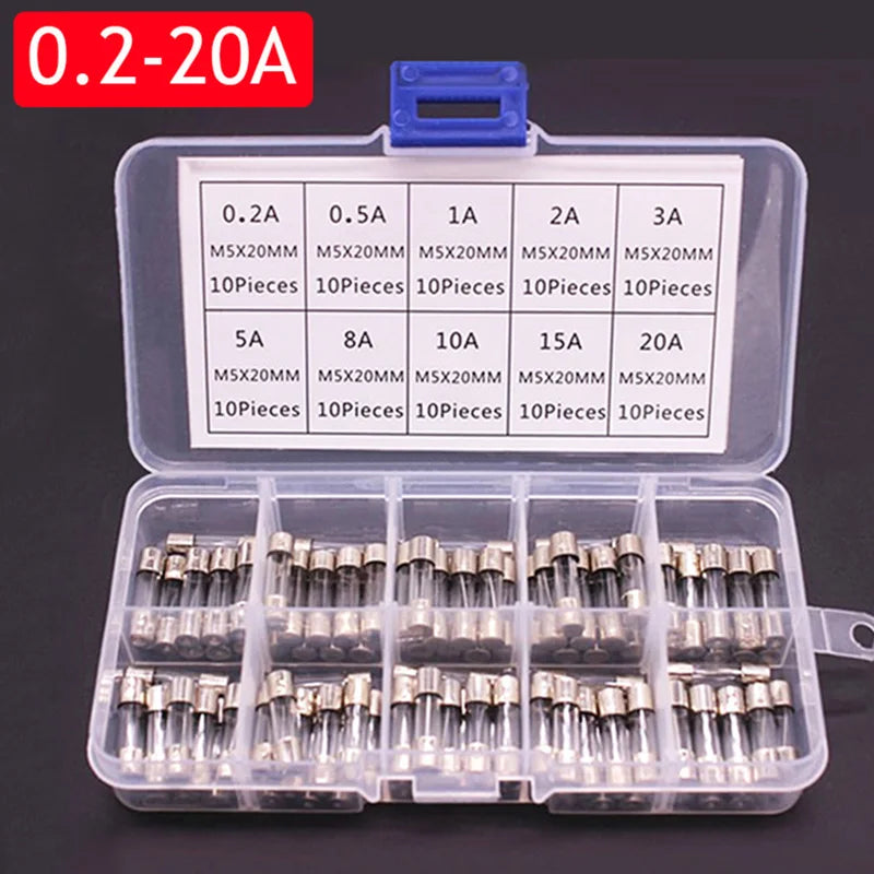 Glass Tube Fuse Assortment Kit – 72 or 100 Pcs, 0.2A–30A for Cars & Appliances