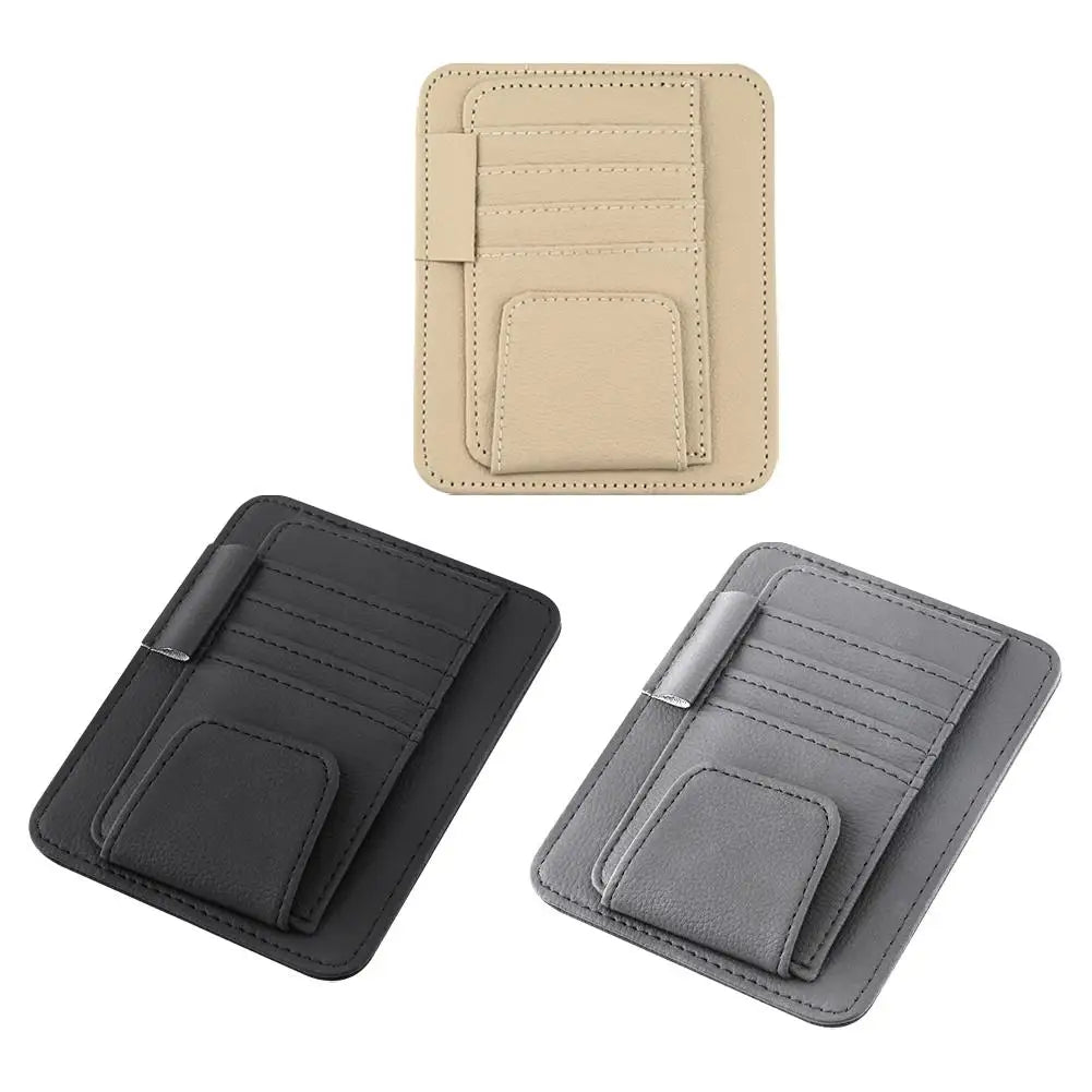 PU Leather Sun Visor Organizer - Multi-Pocket Card & Sunglasses Holder