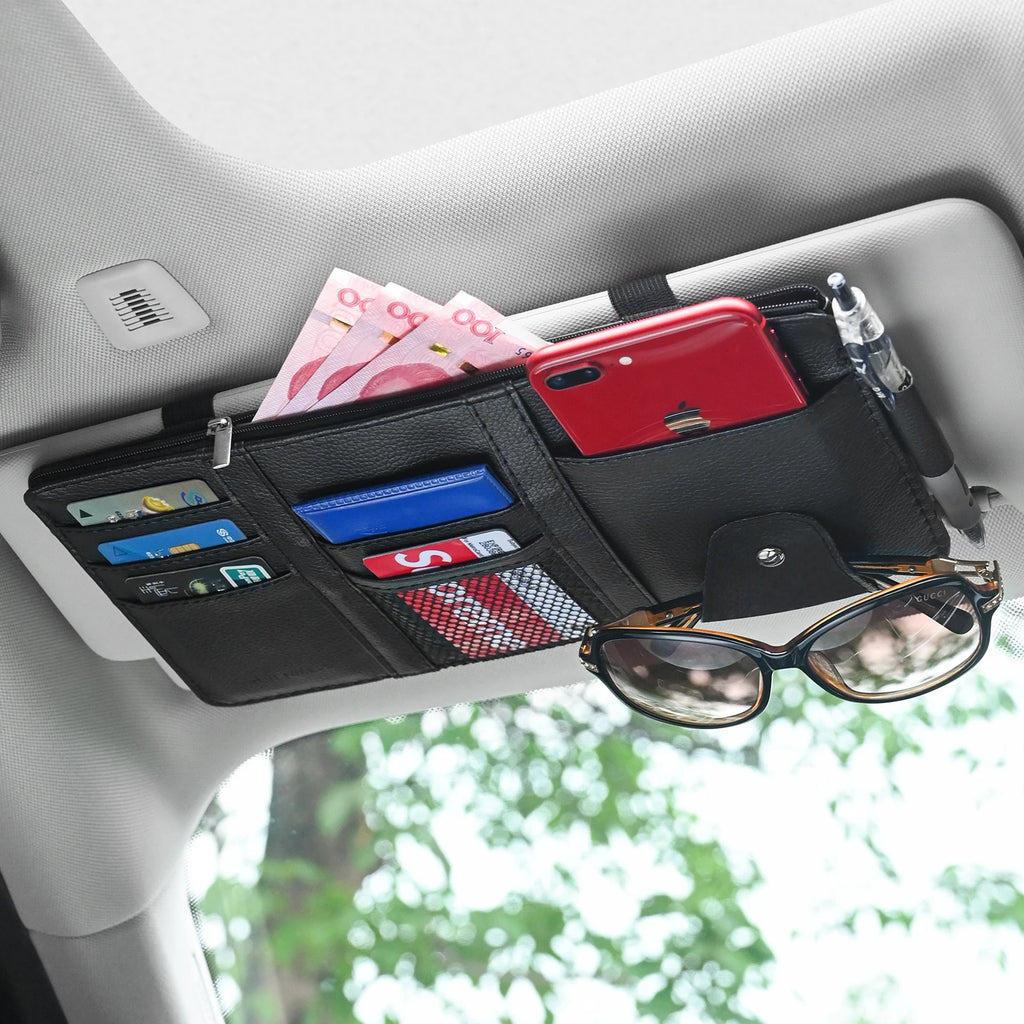 Sun Visor Organizer - Multi-Pocket Storage with Sunglasses Holder