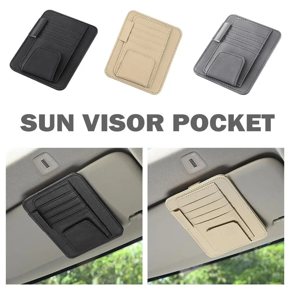 PU Leather Sun Visor Organizer - Multi-Pocket Card & Sunglasses Holder