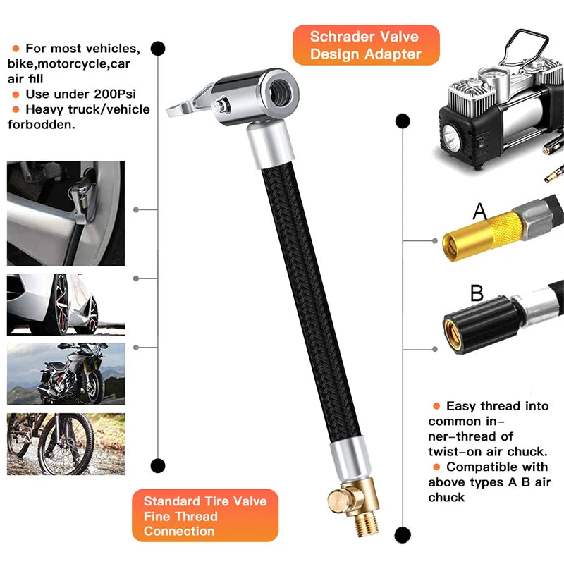 Tire Air Inflator Extension Hose - 10cm to 60cm Flexible Adapter for Cars & Motorcycles