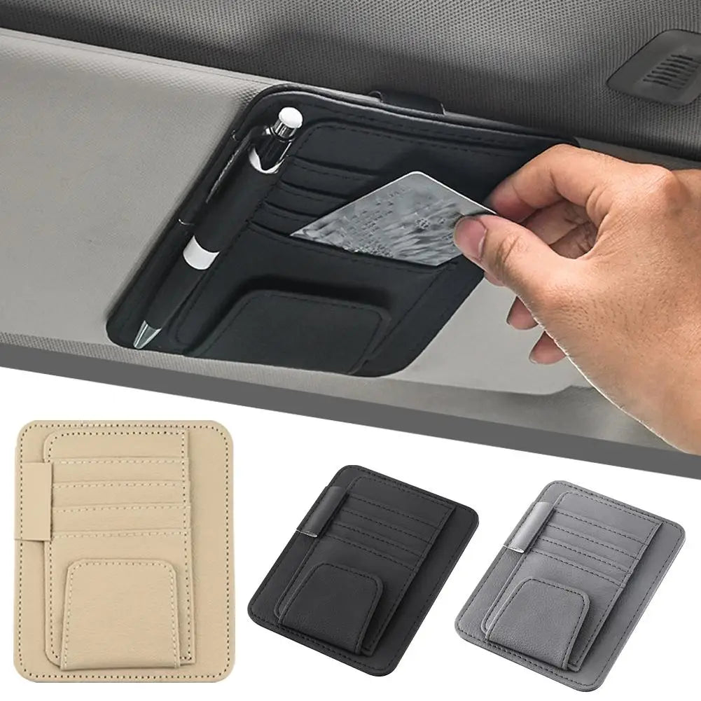 PU Leather Sun Visor Organizer - Multi-Pocket Card & Sunglasses Holder