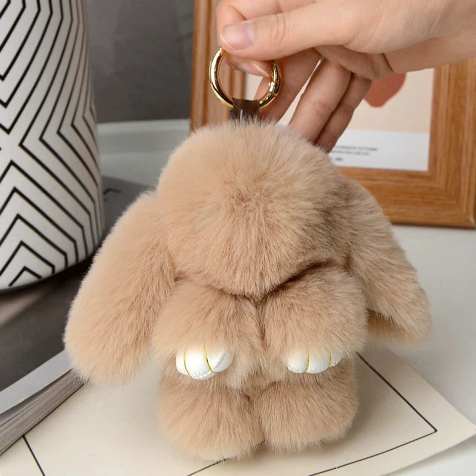 Fluffy Rabbit Fur Keychain - Soft Pom Pom Bag Charm & Car Accessory