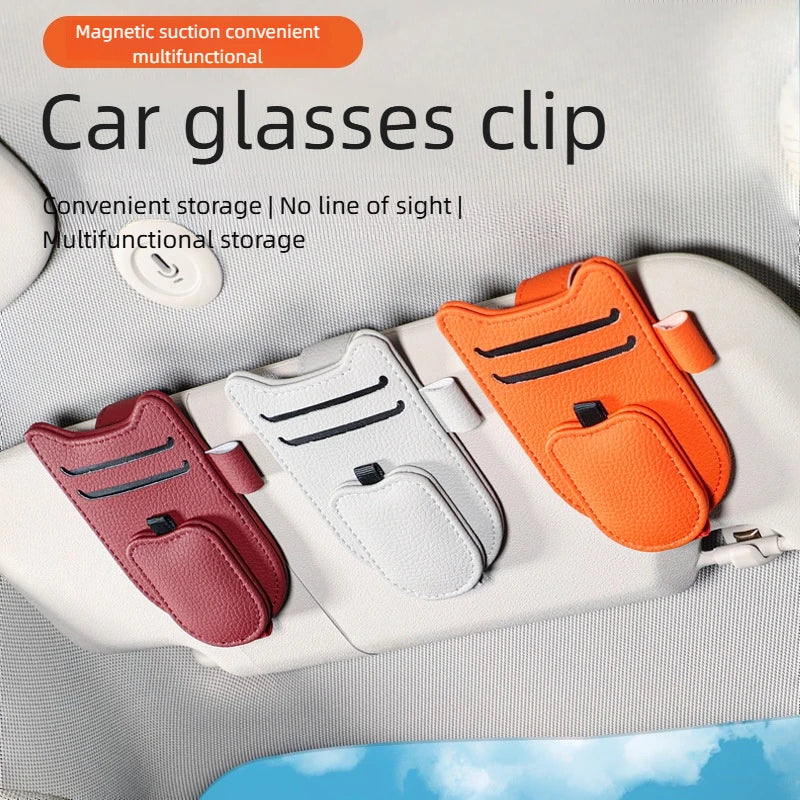 Magnetic Car Sunglasses Holder - Premium PU Leather Visor Clip for Glasses & Cards