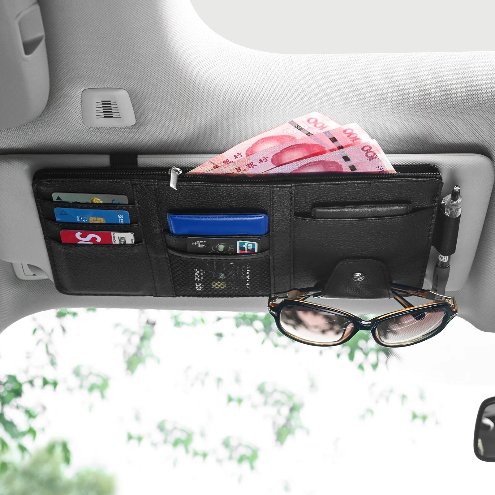 Sun Visor Organizer - Multi-Pocket Storage with Sunglasses Holder