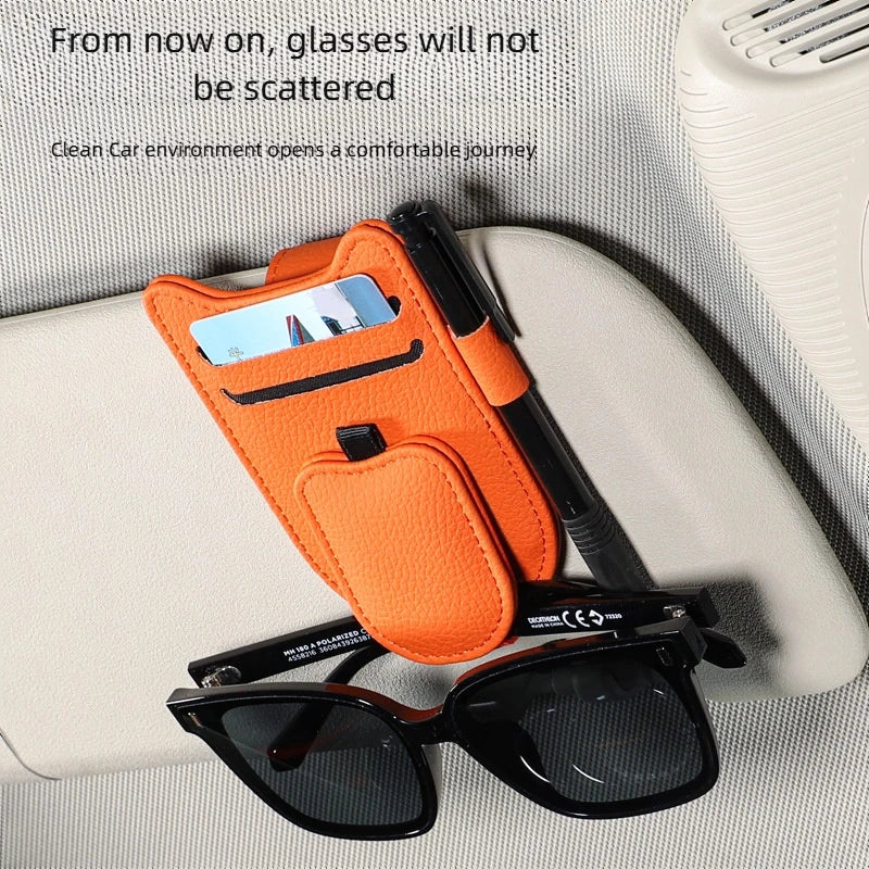 Magnetic Car Sunglasses Holder - Premium PU Leather Visor Clip for Glasses & Cards