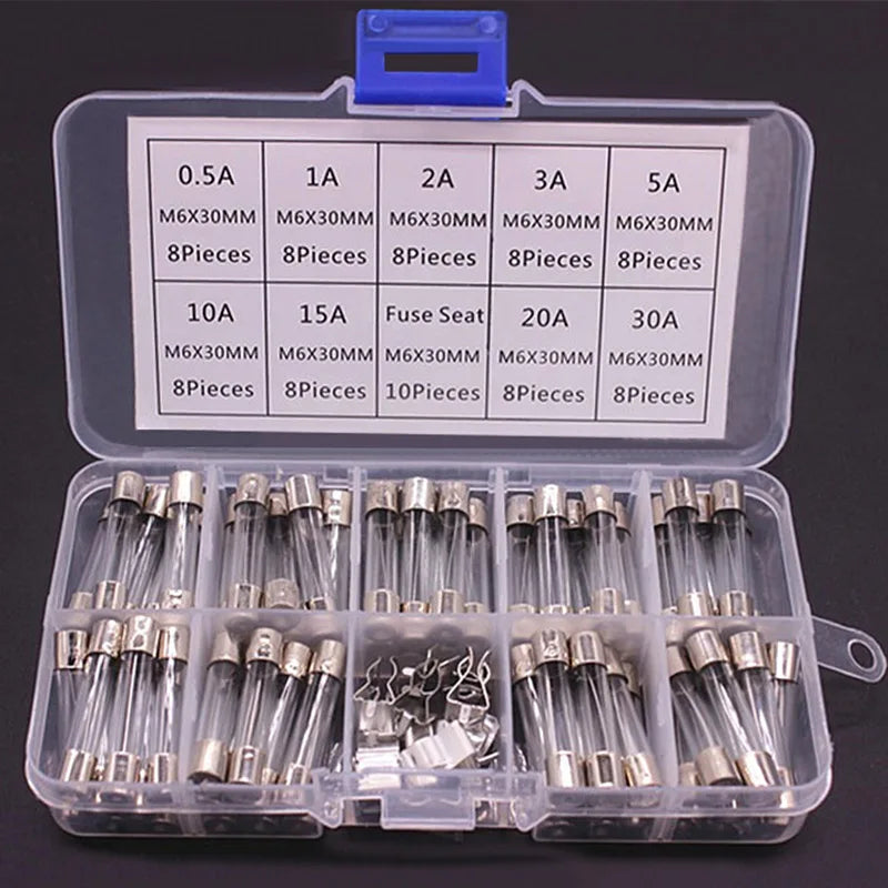 Glass Tube Fuse Assortment Kit – 72 or 100 Pcs, 0.2A–30A for Cars & Appliances