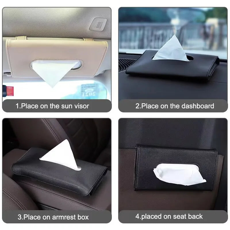 Car Sun Visor Tissue Holder - PU Leather Hanging Organizer