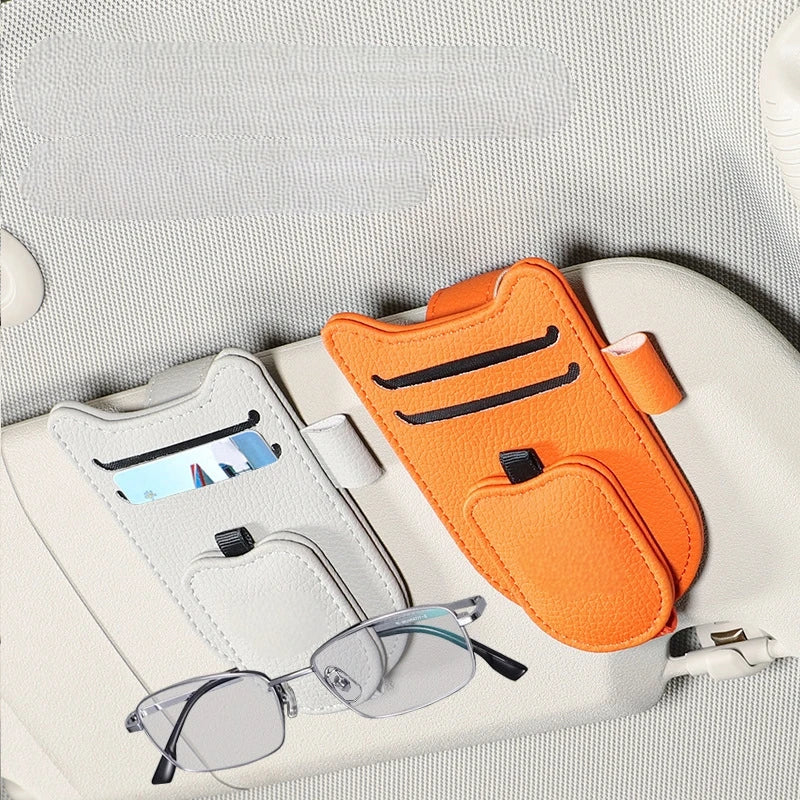 Magnetic Car Sunglasses Holder - Premium PU Leather Visor Clip for Glasses & Cards