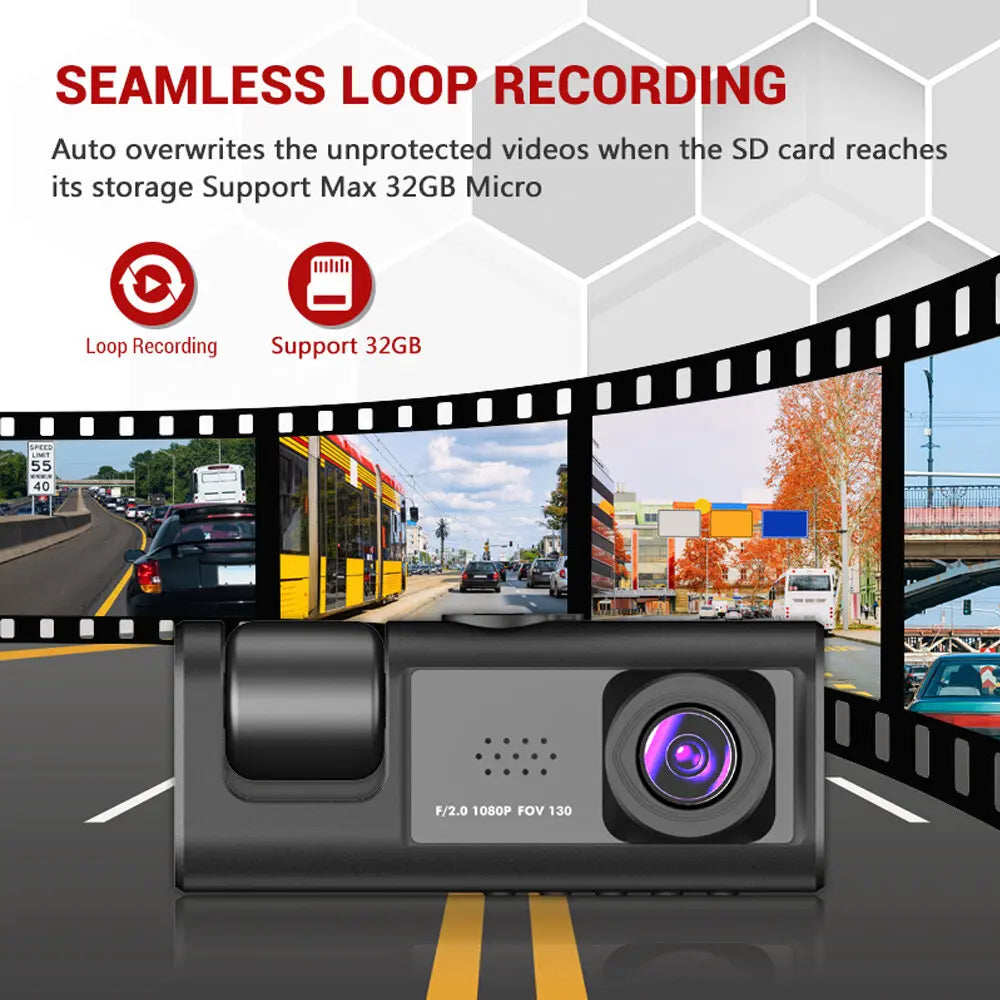 3-Lens Dash Cam | 1080P HD, IR Night Vision, Loop Recording & 2" IPS Screen