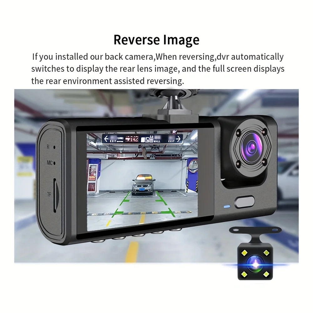 3-Lens Dash Cam | 1080P HD, IR Night Vision, Loop Recording & 2" IPS Screen