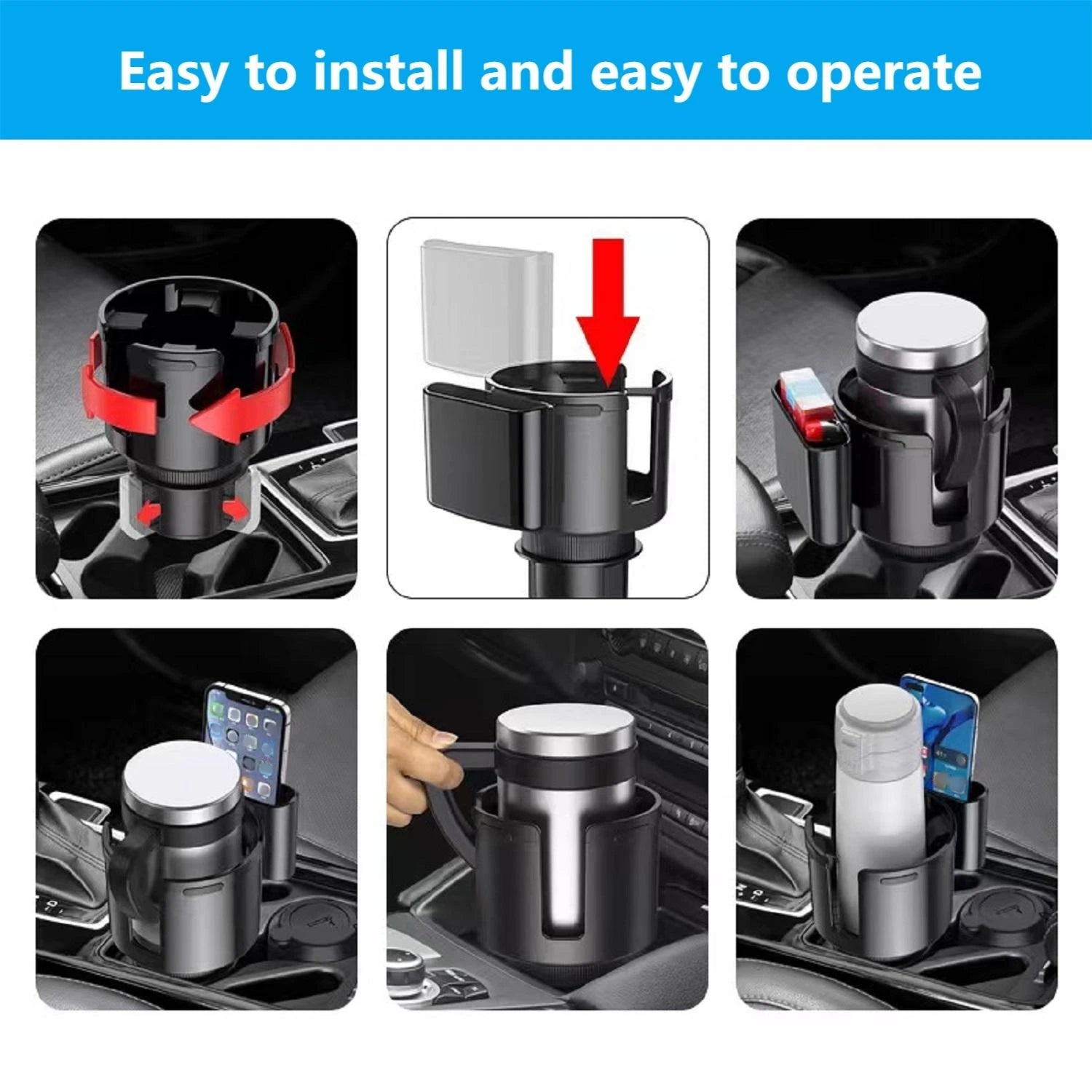 2-in-1 Cup Holder Expander - Adjustable Organizer with Phone Holder