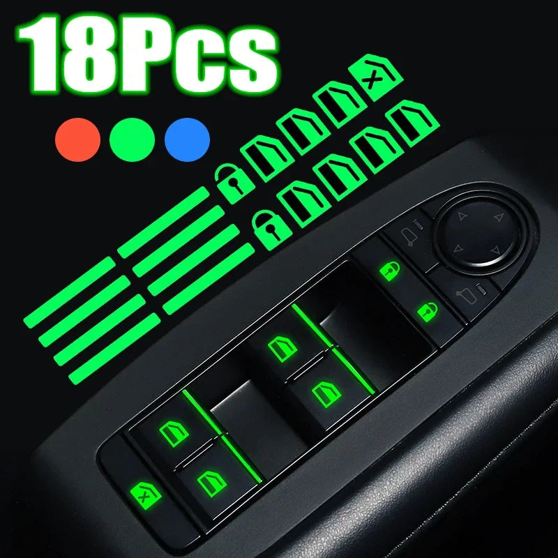 Luminous Car Window Button Stickers - Glow-in-the-Dark Control Panel Decals (18-Piece Set)